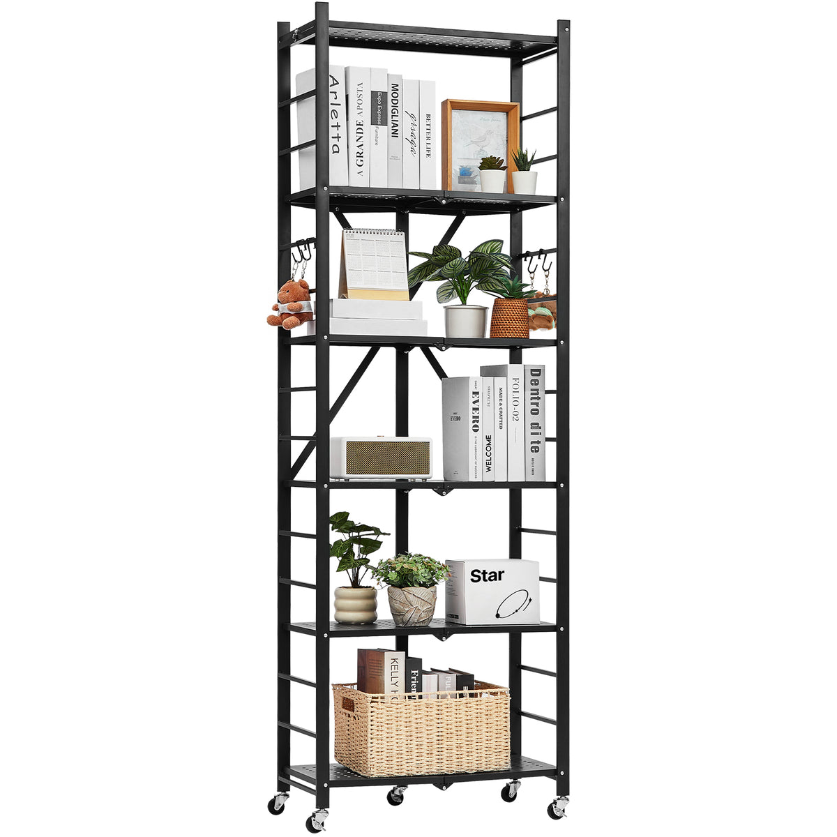6-Tier Foldable Storage Shelf with Wheels 24 x 12 x 72-inch Metal Shelving