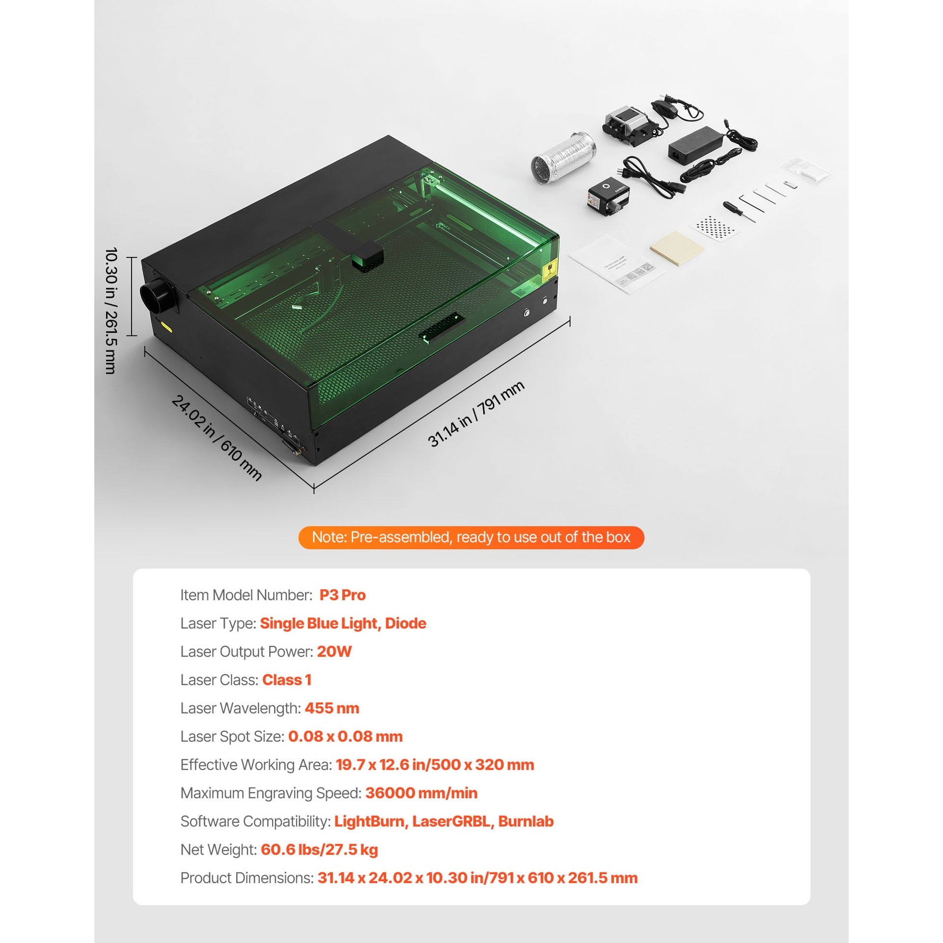 Laser Engraver, 20W, Laser Engraving and Cutting Machine with Enclosure Camera, Laser Cutter, 36000 mm/min, 19.7 x 12.6 in Working Area, for Wood, Leather, Glass, Paper, Certain Metal, Class 1