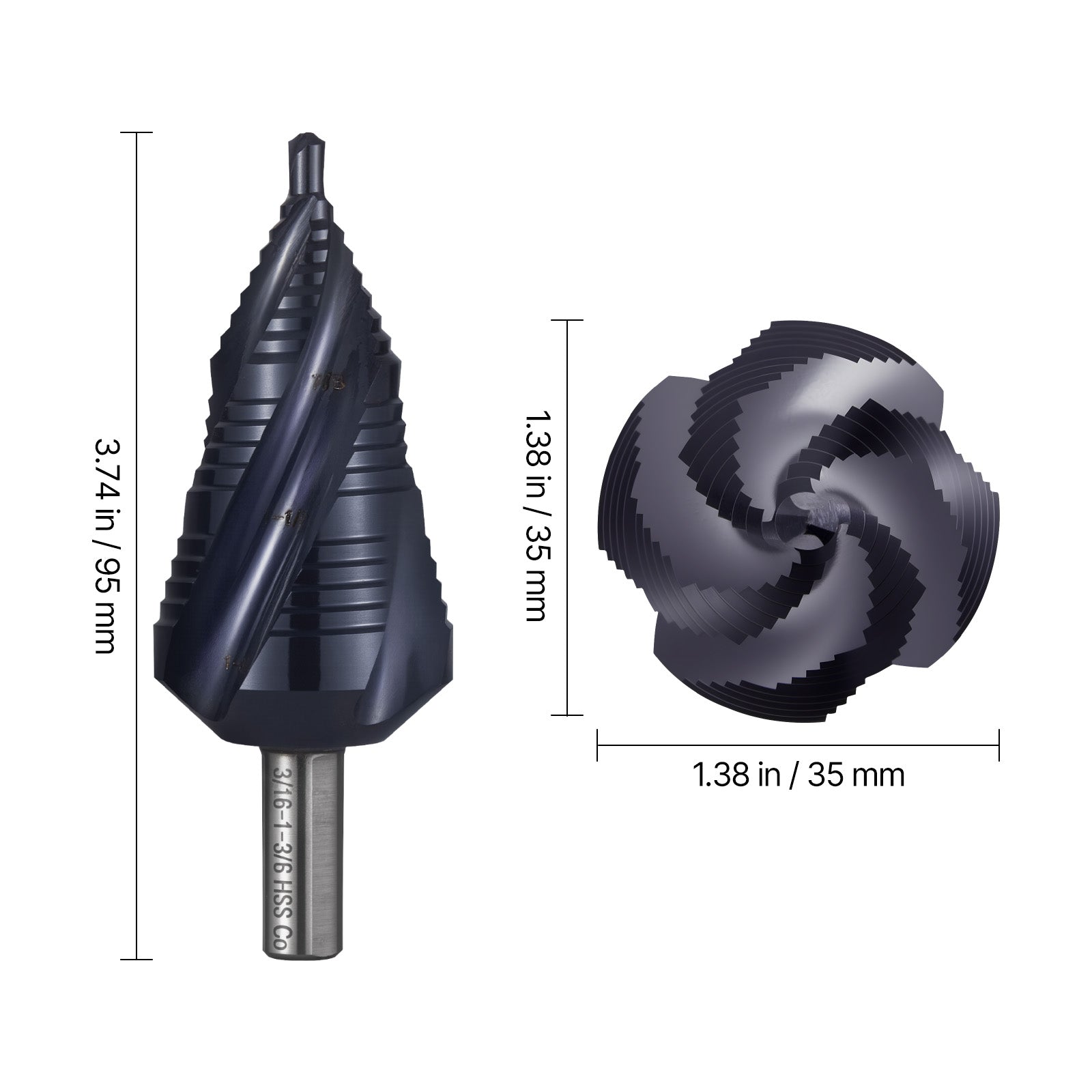 Step Drill Bit, 3/16 to 1-3/8 inch, 3/8 inch Triangular Shank, TiAlN Coating Cobalt High Speed Steel, Four Spiral Flute Step Bit for Metal, Stainless Steel, Aluminum, Wood, Plastic, Fiberglass