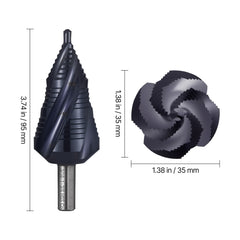 Step Drill Bit, 3/16 to 1-3/8 inch, 3/8 inch Triangular Shank, TiAlN Coating Cobalt High Speed Steel, Four Spiral Flute Step Bit for Metal, Stainless Steel, Aluminum, Wood, Plastic, Fiberglass