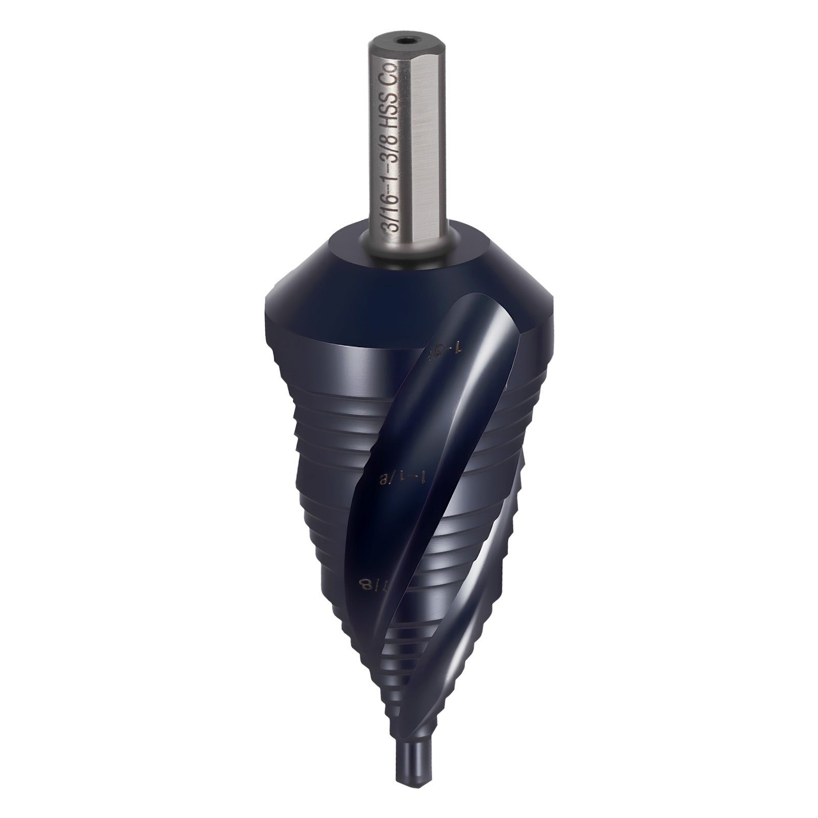 Step Drill Bit, 3/16 to 1-3/8 inch, 3/8 inch Triangular Shank, TiAlN Coating Cobalt High Speed Steel, Four Spiral Flute Step Bit for Metal, Stainless Steel, Aluminum, Wood, Plastic, Fiberglass