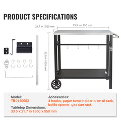 Outdoor Grill Dining Cart with Double-Shelf, BBQ Movable Food Prep Table, Multifunctional Stainless Steel Table Top, Portable Modular Carts for Pizza Oven, Worktable with 2 Wheels, Carry Handle