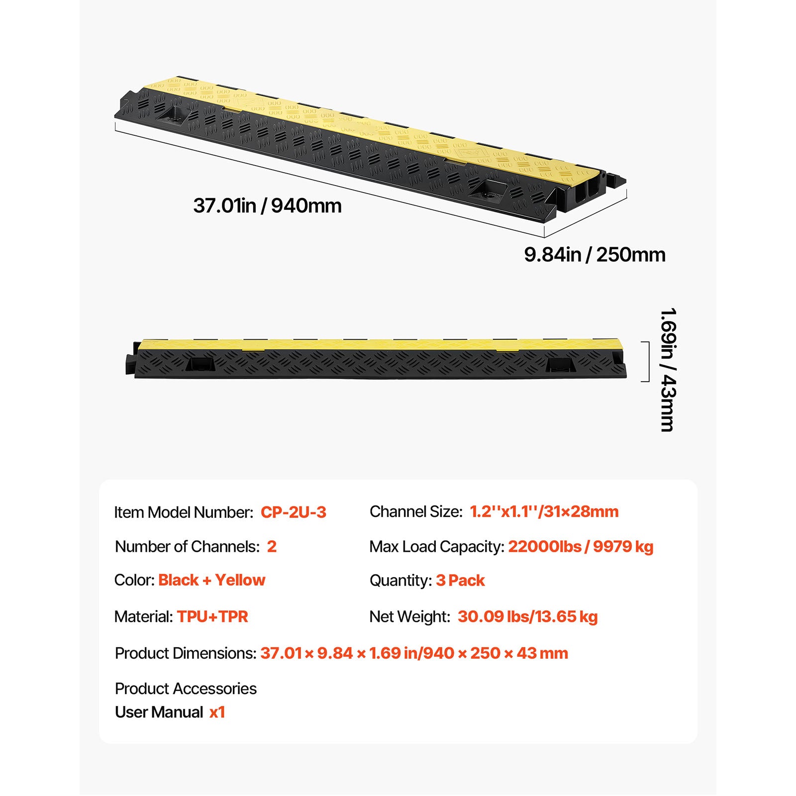 Cable Protector Ramp, 22,000 lbs/axle Capacity, 2 Channel Heavy Duty TPU Cord Hose Wire Cover, 1.2 x 1.1 in Channel, Traffic Speed Bump with Flip-Open Top Cover, for Indoor Outdoor Use, 3 Pack