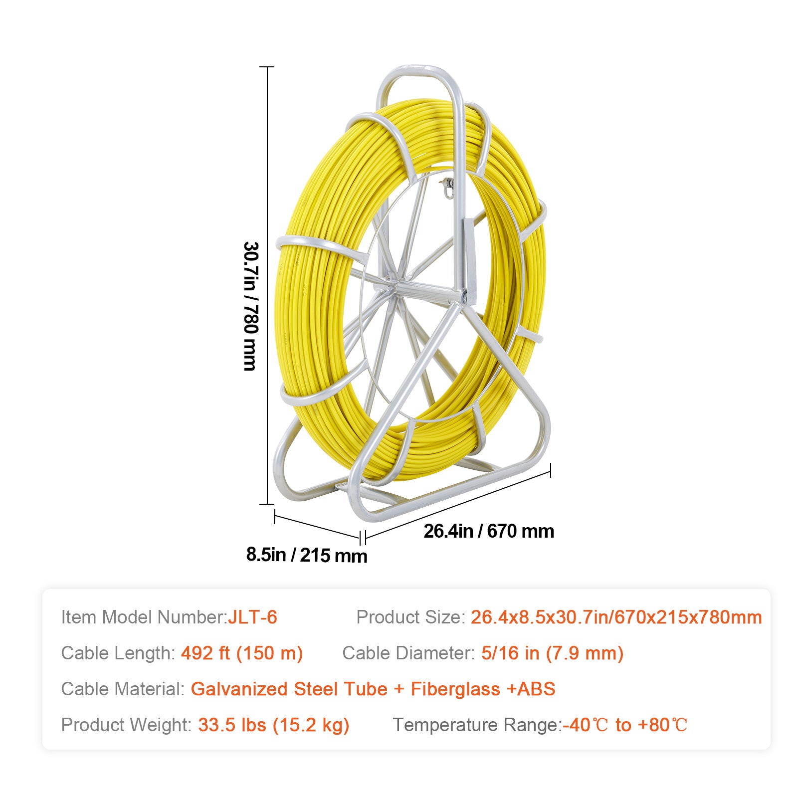 Fish Tape Fiberglass, 492 ft, 5/16 in, Duct Rodder Fishtape Wire Puller, Cable Running Rod with Steel Reel Stand, 3 Pulling Heads, Fishing Tools for Walls and Electrical Conduit, Non-Conductive
