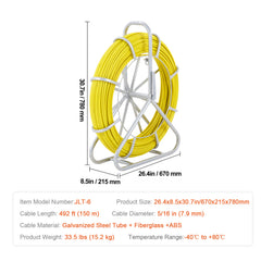 Fish Tape Fiberglass, 492 ft, 5/16 in, Duct Rodder Fishtape Wire Puller, Cable Running Rod with Steel Reel Stand, 3 Pulling Heads, Fishing Tools for Walls and Electrical Conduit, Non-Conductive