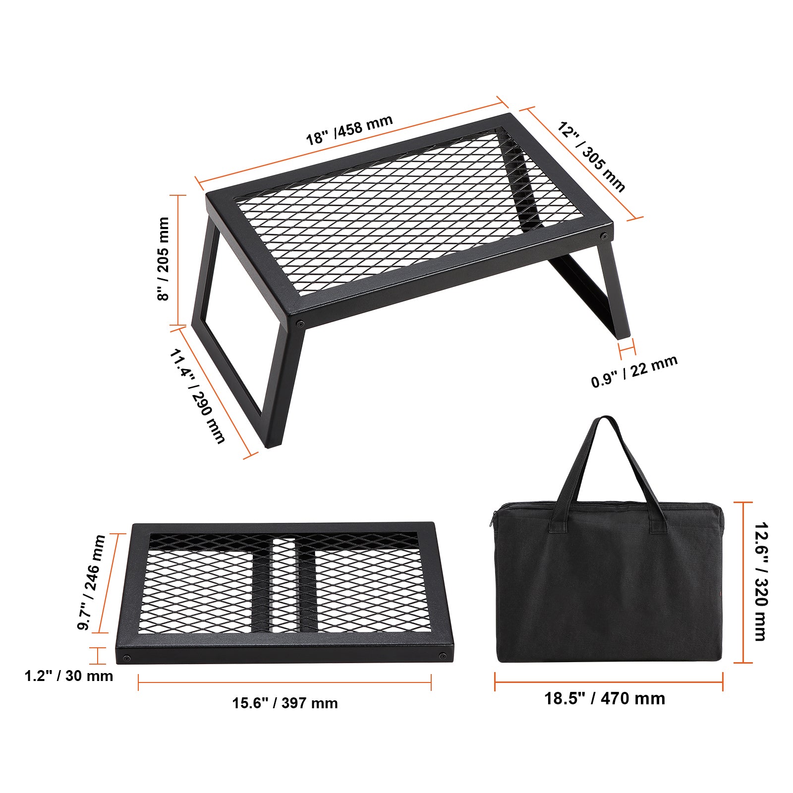 Folding Campfire Grill, Heavy Duty Steel Mesh Grate, 18" Portable Camping Grates Over Fire Pit, Camp Fire Cooking Equipment with Legs Carrying Bag, Grilling Rack for Outdoor Open Flame Cooking