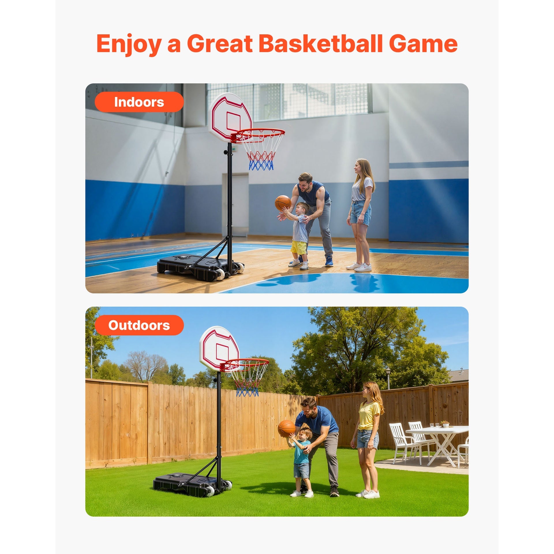 Portable Basketball Stand, 5.2 to 6.9 ft Height Adjustment Basketball Hoop & Goal, Kids Adjustable Basketballs Hoop with Nylon Net & Rolling Wheels, Portable Backboard Set for Patios, Poolside