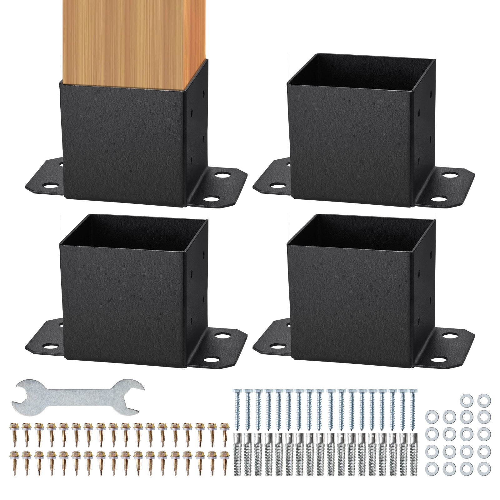 6x6 Post Base 4 Pcs, Inner Size 5.6"x5.6" Post Base Brackets, Heavy Duty Powder-Coated Post Anchor Matte Black Wood Post Brackets for Pavilion Deck Railing Support Deck Base Plate