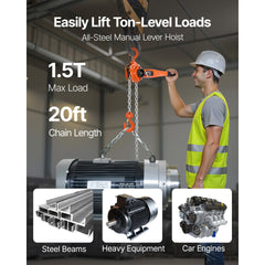 Manual Lever Chain Hoist, 1-1/2T 3300LBS Capacity Heavy Duty Come Along, 20FT Lift G80 Alloy Steel Chain With Dual Pawl Mechanical Brake,360°Rotating Hooks, for Warehouse Construction Garage