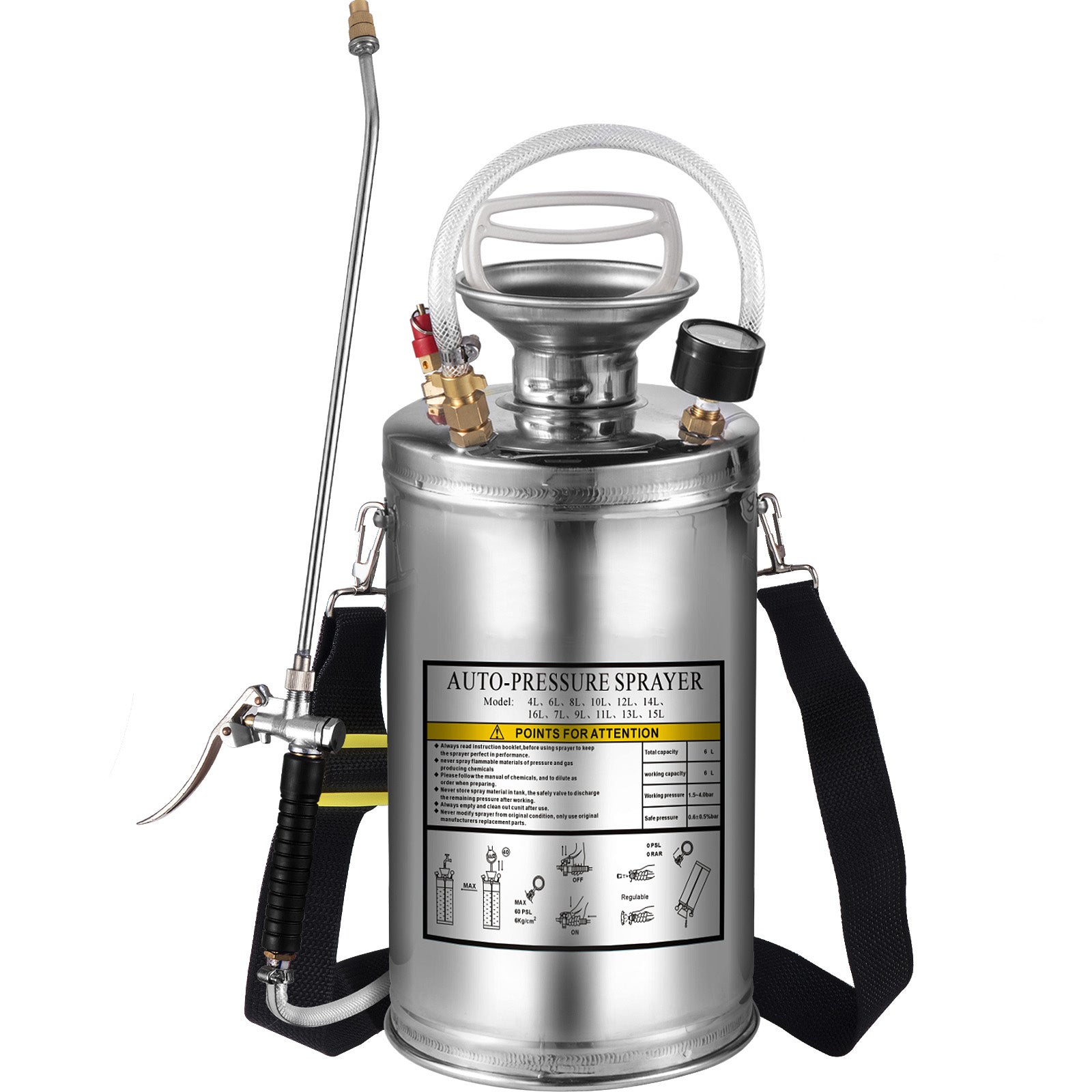 1.5Gal Stainless Steel Sprayer, Set with 16" Wand& Handle& 3.3FT Reinforced Hose, Hand Pump Sprayer with Pressure Gauge&Safety Valve, Adjustable Nozzle Suitable for Gardening& Sanitizing