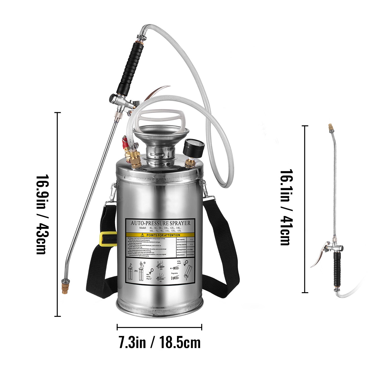 1.5Gal Stainless Steel Sprayer, Set with 16" Wand& Handle& 3.3FT Reinforced Hose, Hand Pump Sprayer with Pressure Gauge&Safety Valve, Adjustable Nozzle Suitable for Gardening& Sanitizing
