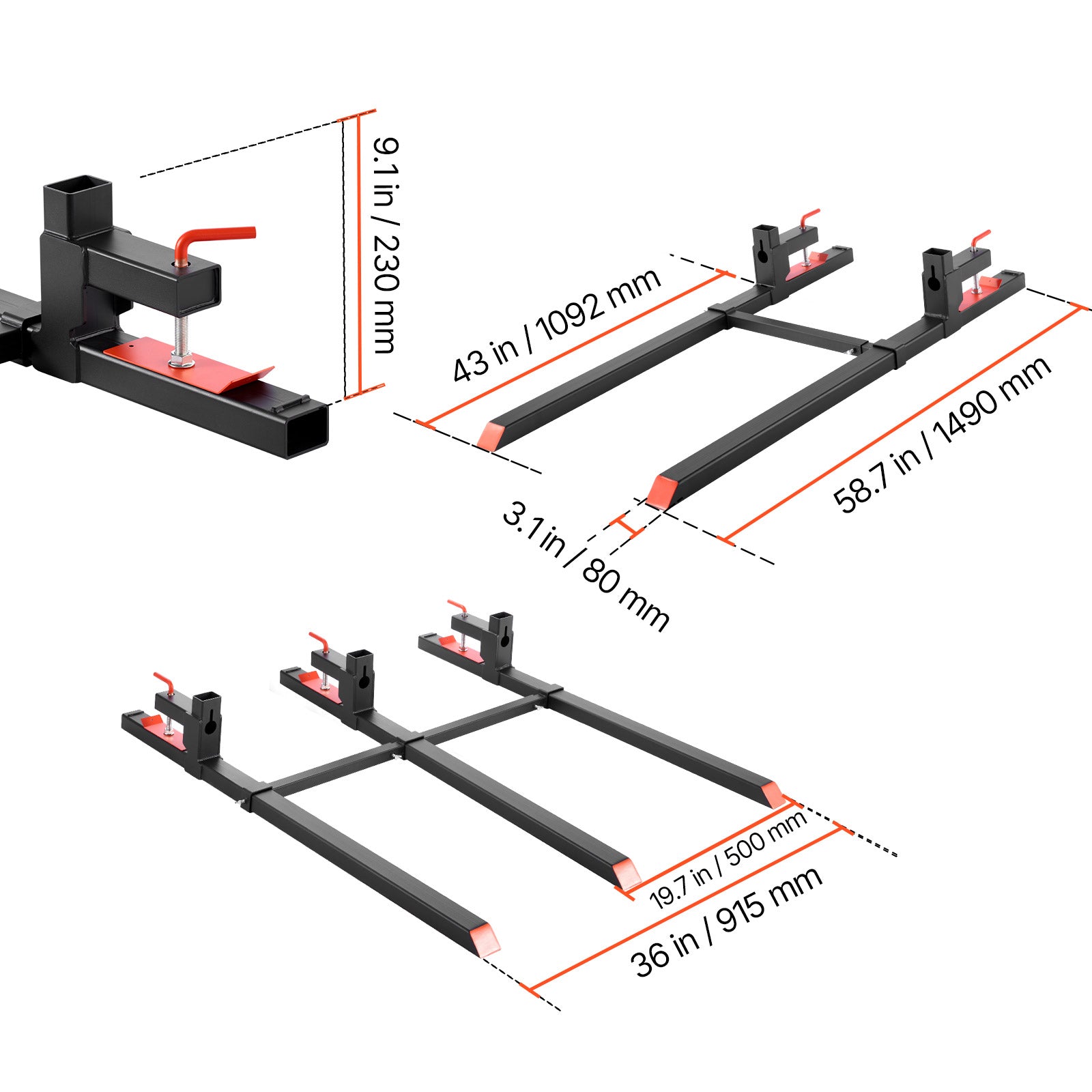 Pallet Forks, 2000 lbs Clamp on Pallet Forks, 60-Inch Total Length Heavy-Duty Tractor Fork with Adjustable Stabilizer Bar for Tractor Attachments, Loader Bucket, and Skid Steer, Black