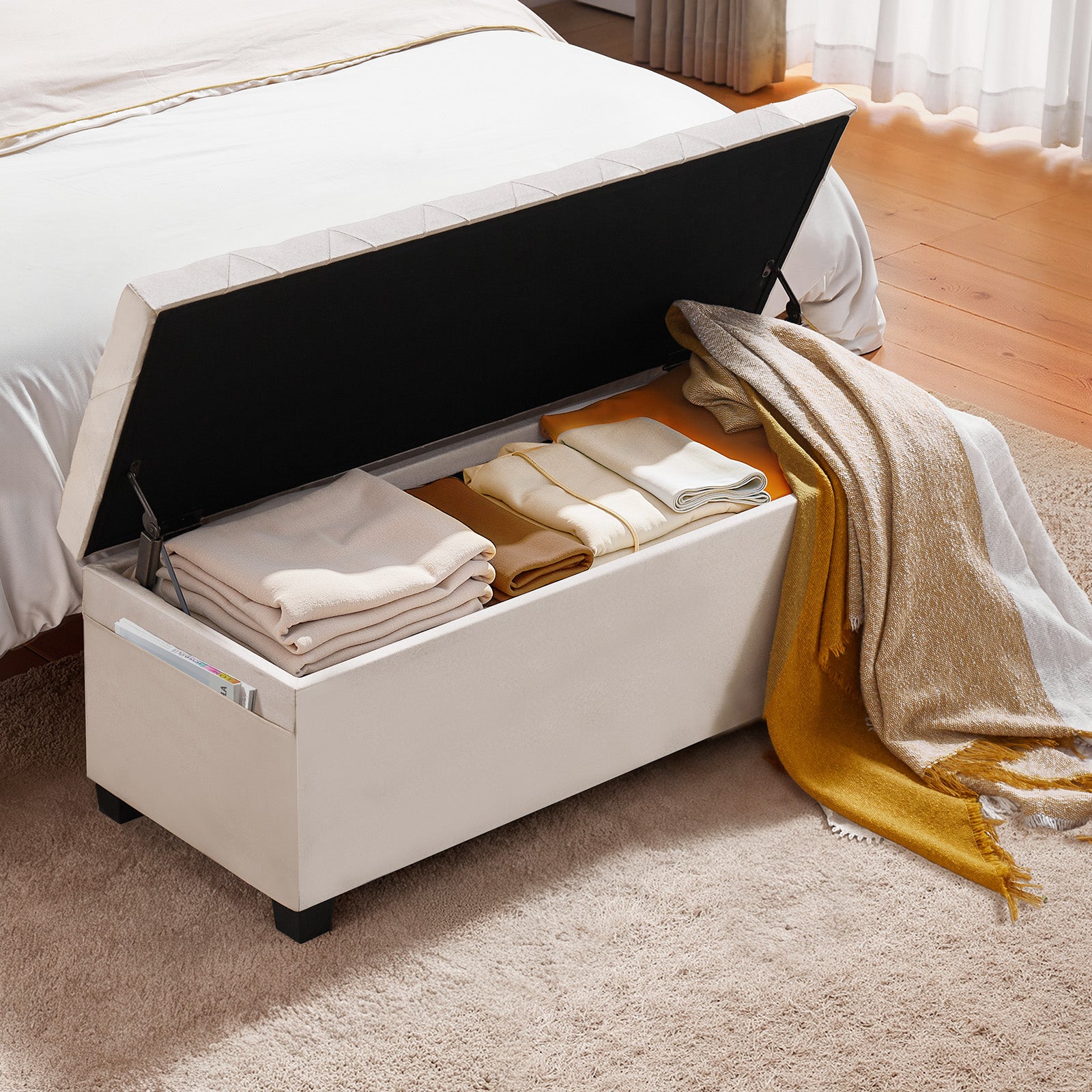 Storage Ottoman Bench, Button-Tufted End of Bed Bench with Side Bags, Flip-up Upholstered Storage Chest with Metal Frame, Linen Bed Ottoman for Living Room, Bedroom, Entryway, Office, Beige