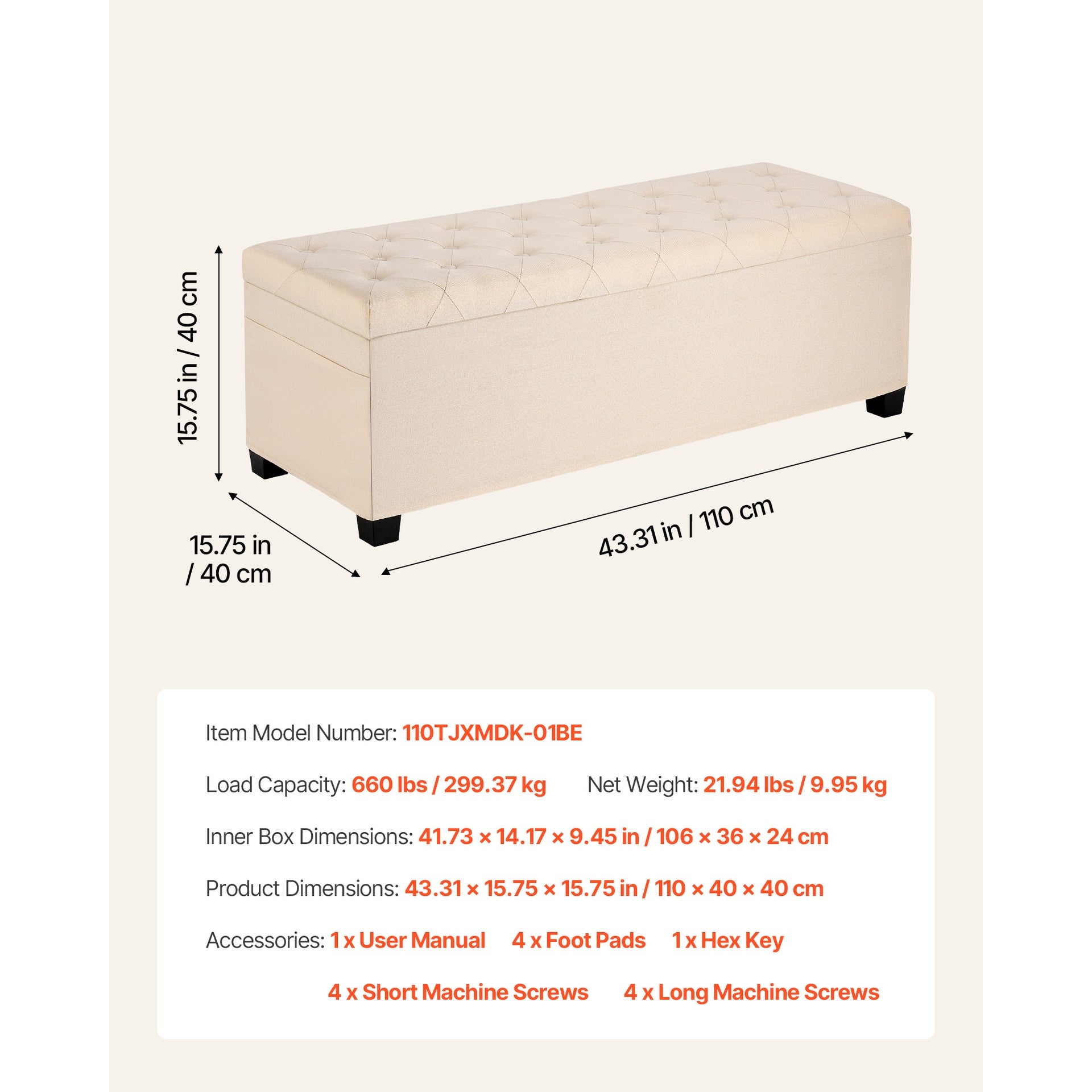 Storage Ottoman Bench, Button-Tufted End of Bed Bench with Side Bags, Flip-up Upholstered Storage Chest with Metal Frame, Linen Bed Ottoman for Living Room, Bedroom, Entryway, Office, Beige