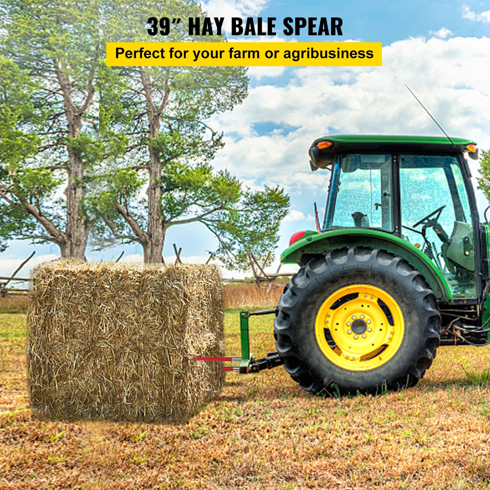 Pair Hay Spear 39" Bale Spear 3000 lbs Capacity, Bale Spike Quick Attach Square Hay Bale Spears 1 3/4", Red Coated Bale Forks, Bale Hay Spike with Hex Nut & Sleeve for Buckets Tractors Loaders