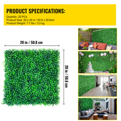 Artificial Boxwood Panels, 20 PCS 20"x20" Boxwood Hedge Wall Panels, PE Artificial Grass Backdrop Wall 1.6", Privacy Hedge Screen for Decoration of Outdoor, Indoor, Garden, Fence, and Backyard