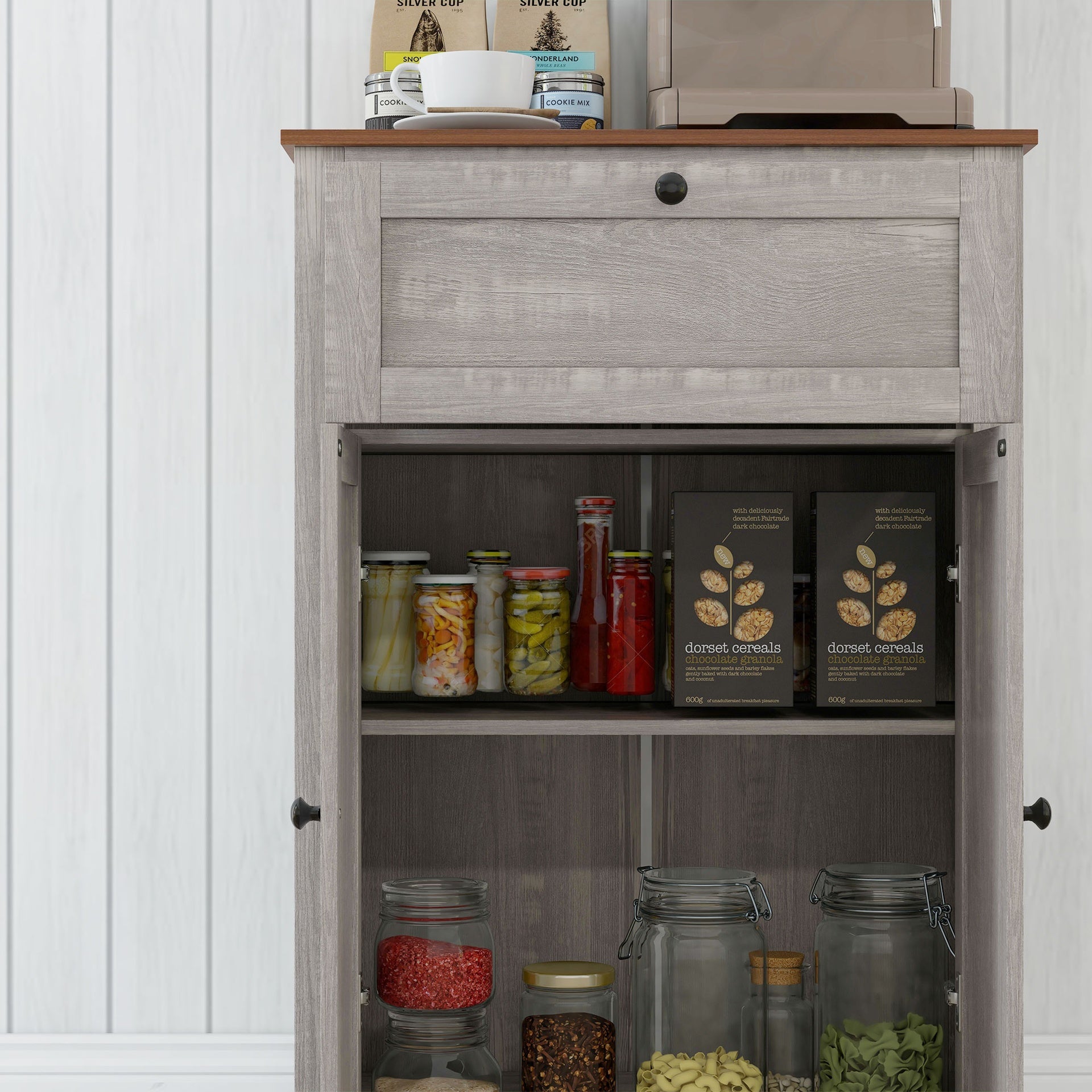 HOMCOM Farmhouse Barn Door Accent Cabinet, Kitchen Sideboard Storage Cabinet with Double Doors, Drawer, and Adjustable Shelf for Bedroom, Living Room, Light Gray