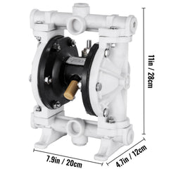Air-Operated Double Diaphragm Pump, 1/2 in Inlet & Outlet, Polypropylene Body, 2.5 GPM & Max 80PSI, PTFE Diaphragm Pneumatic Transfer Pump for Petroleum, Diesel, Oil & Low Viscosity Fluids
