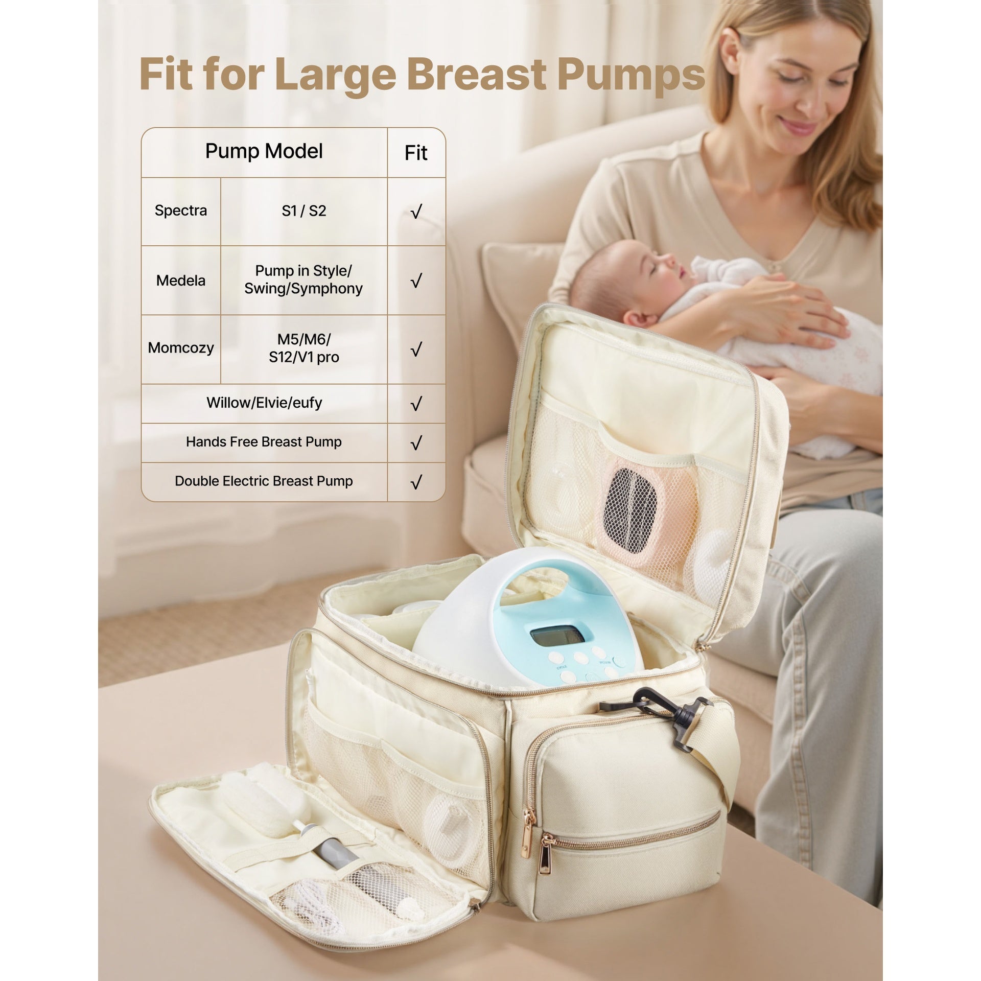 Breast Pump Bag, Breast Feeding Bag with Waterproof Mat, Fits for S1/S2, Pumping Accessories & Breastmilk Storage, Portable Pump Carrying Case for Work, Travel and Family Use, Beige