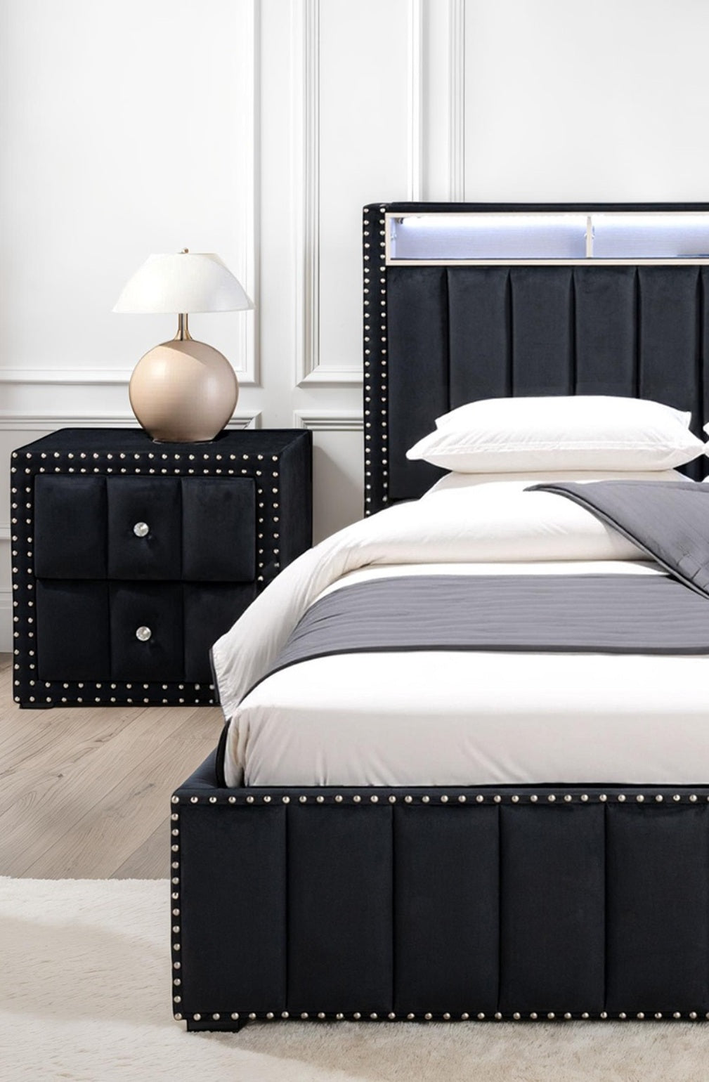 Black Color Contemporary Style 1pc Nightstand Crystal-like Knobs Vertical Channel Tufting Nailhead Trim Fabric Bedside Table Bedroom Furniture