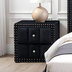 Black Color Contemporary Style 1pc Nightstand Crystal-like Knobs Vertical Channel Tufting Nailhead Trim Fabric Bedside Table Bedroom Furniture