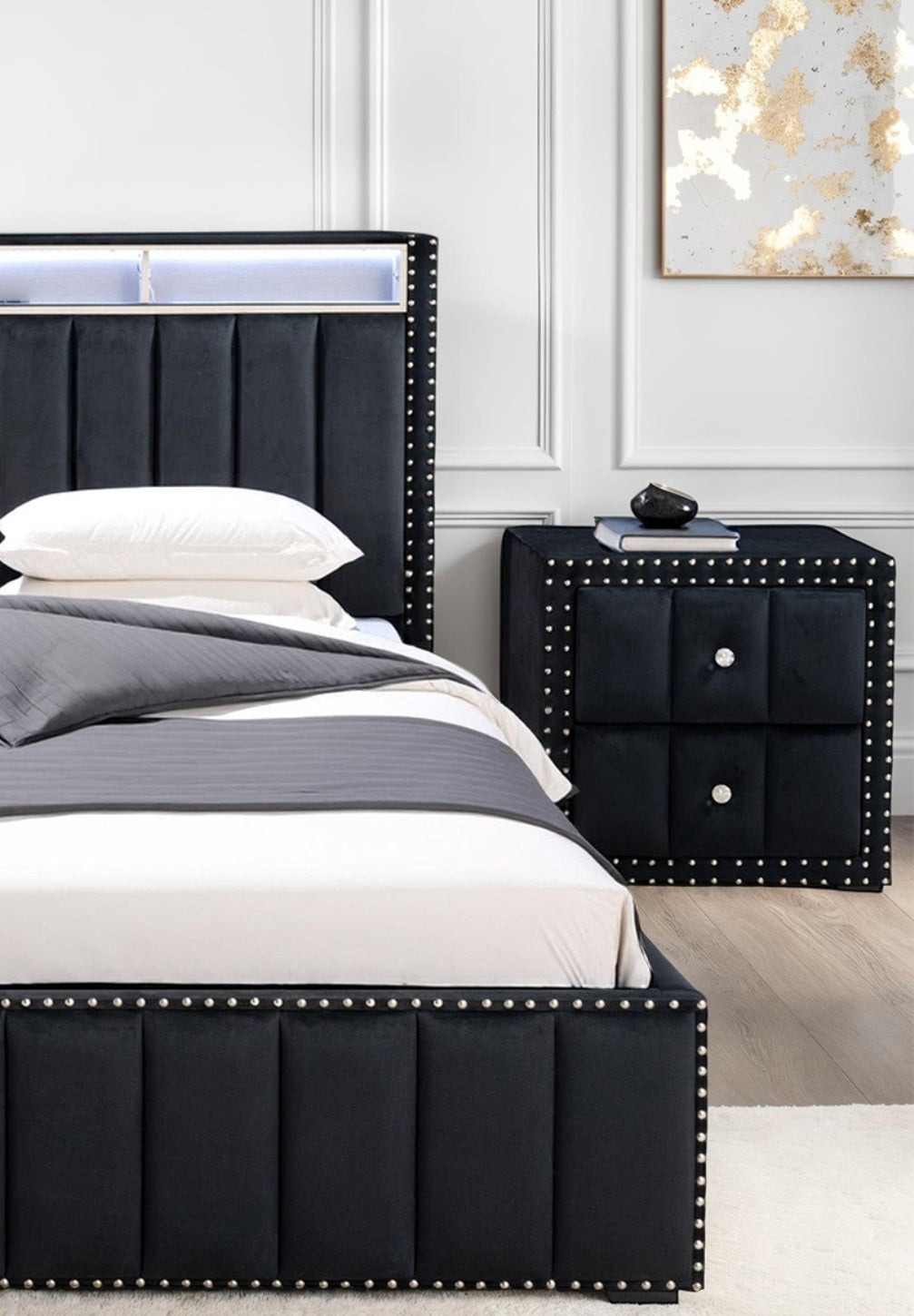 Black Color Contemporary Style 1pc Nightstand Crystal-like Knobs Vertical Channel Tufting Nailhead Trim Fabric Bedside Table Bedroom Furniture