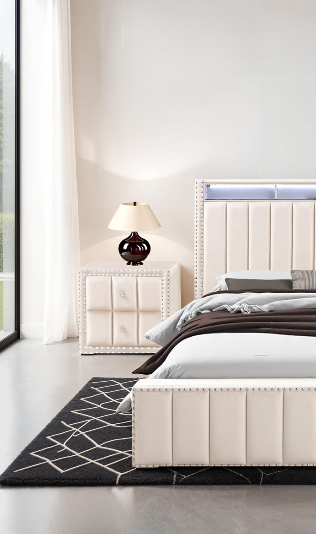 Beige Color Contemporary Style 1pc Nightstand Crystal-like Knobs Vertical Channel Tufting Nailhead Trim Fabric Bedside Table Bedroom Furniture