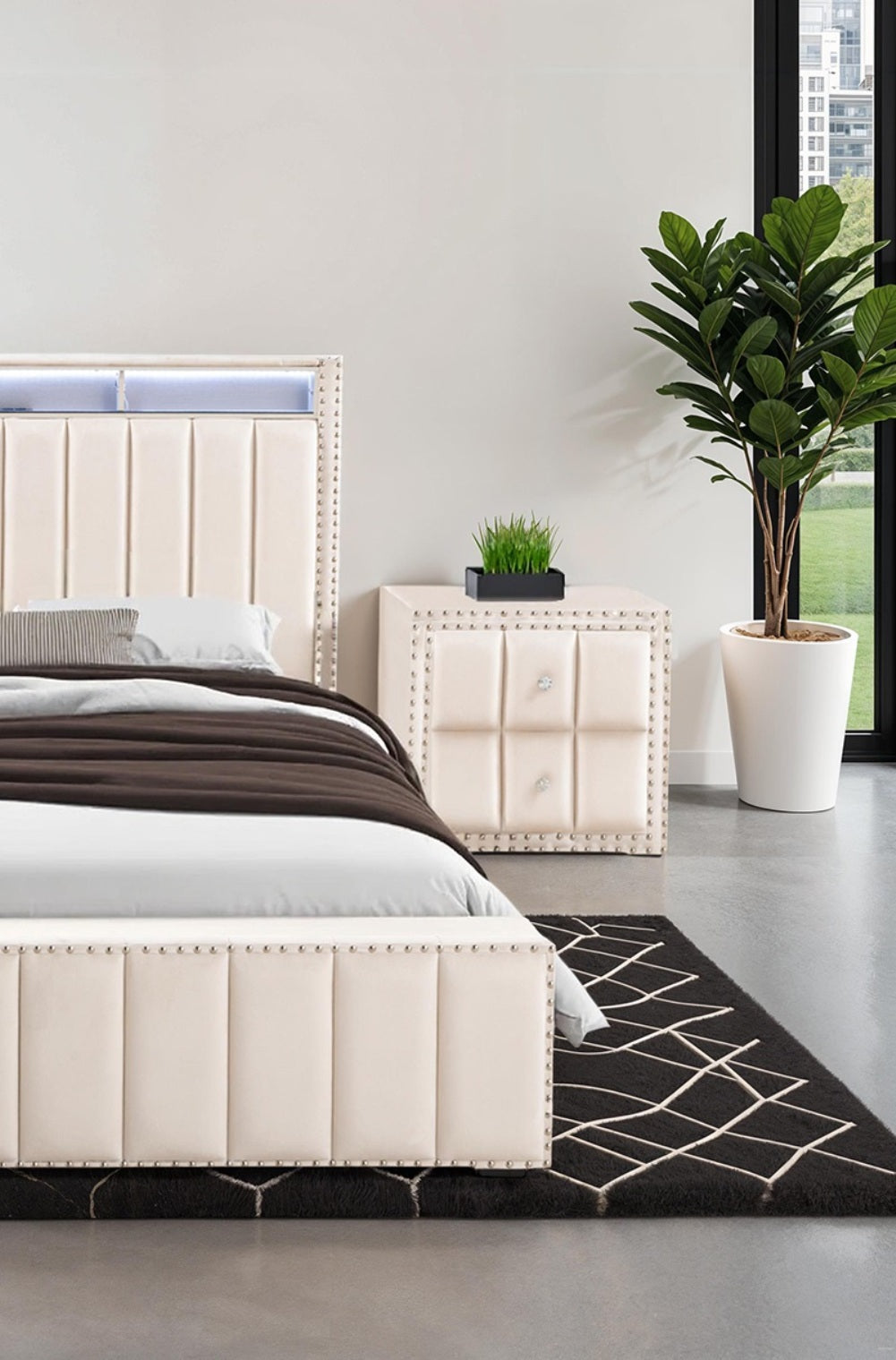 Beige Color Contemporary Style 1pc Nightstand Crystal-like Knobs Vertical Channel Tufting Nailhead Trim Fabric Bedside Table Bedroom Furniture