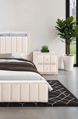 Beige Color Contemporary Style 1pc Nightstand Crystal-like Knobs Vertical Channel Tufting Nailhead Trim Fabric Bedside Table Bedroom Furniture