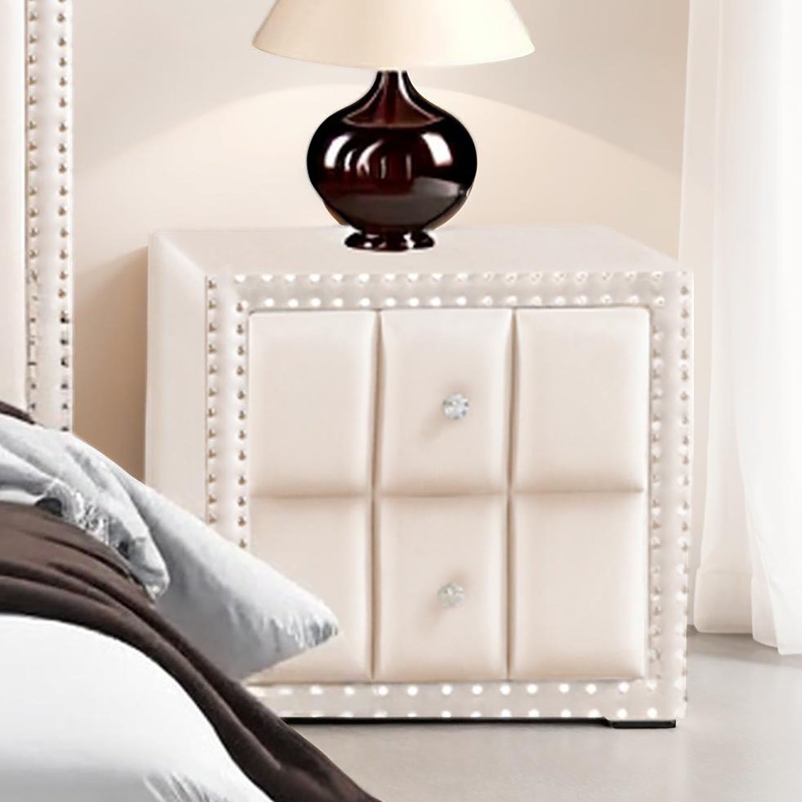 Beige Color Contemporary Style 1pc Nightstand Crystal-like Knobs Vertical Channel Tufting Nailhead Trim Fabric Bedside Table Bedroom Furniture