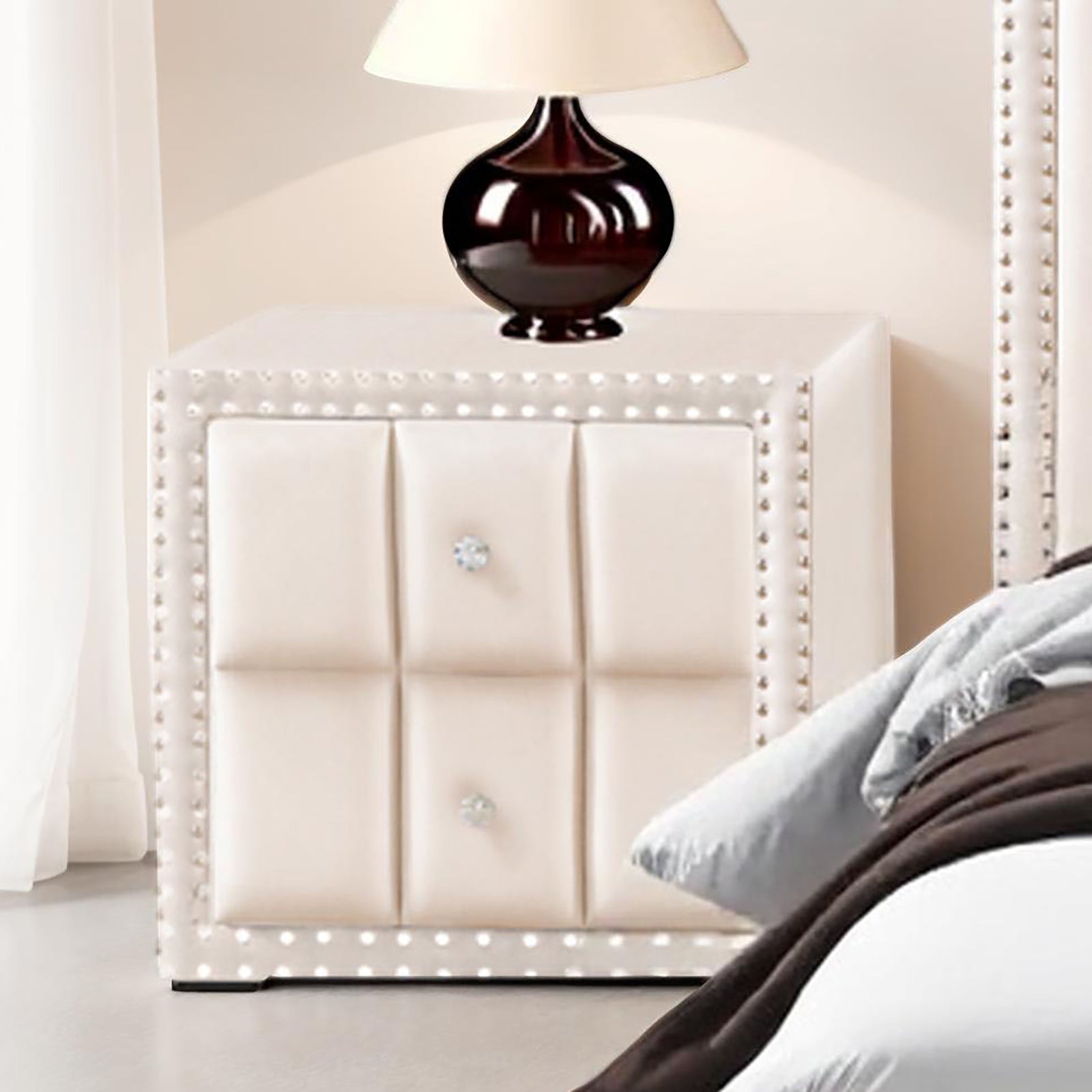 Beige Color Contemporary Style 1pc Nightstand Crystal-like Knobs Vertical Channel Tufting Nailhead Trim Fabric Bedside Table Bedroom Furniture
