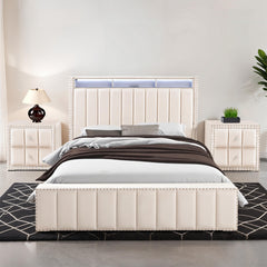 Queen Size Bed 2x Nightstands Bedroom Furniture Contemporary Beige Fabric Upholstered Bedframe w LED Nailhead Trim 3pc Bedroom Set