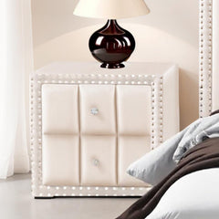 Queen Size Bed 2x Nightstands Bedroom Furniture Contemporary Beige Fabric Upholstered Bedframe w LED Nailhead Trim 3pc Bedroom Set
