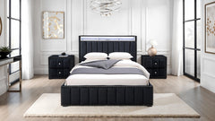 Queen Size Bed And 2x Nightstands Bedroom Furniture Luxury Look Black Fabric Upholstered Bedframe w LED Nailhead Trim 3pc Bedroom Set