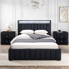 Queen Size Bed And 2x Nightstands Bedroom Furniture Luxury Look Black Fabric Upholstered Bedframe w LED Nailhead Trim 3pc Bedroom Set