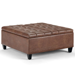 Harrison 36 inch Wide Coffee Table Storage Ottoman in Distressed Umber Brown Vegan Leather