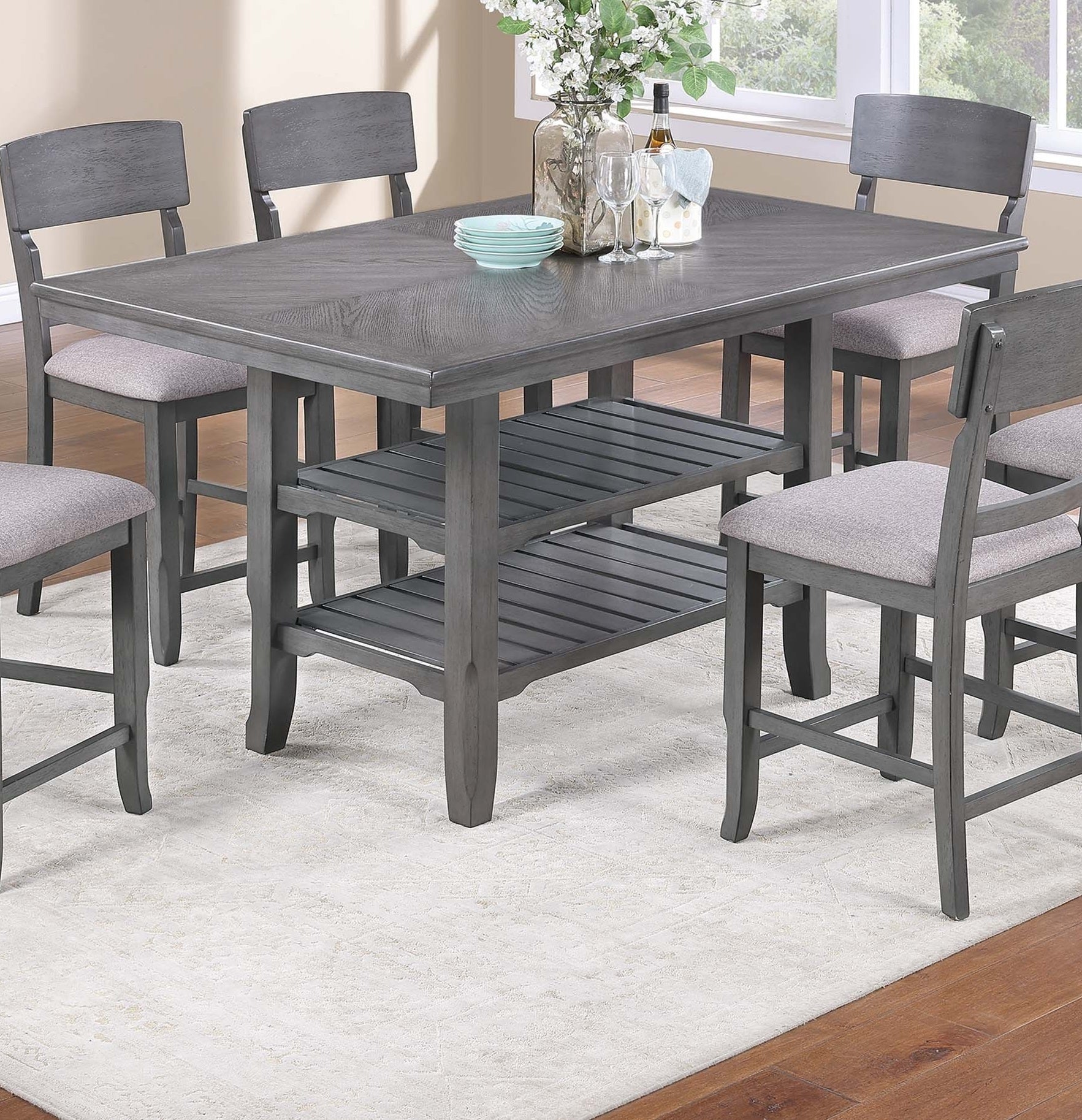 Modern Unique 1pc Dining Table 2-Shelves Gray Rubber wood Counter Height Table Dining Room Furniture