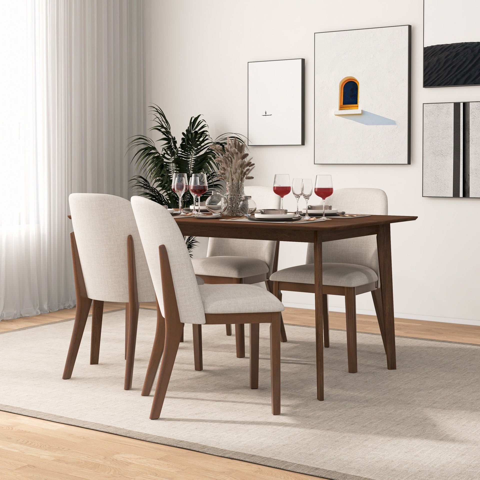 Mid-Century Modern Kaitlyn Beige Linen Dining Chair with Solid Wood Legs, 34.3"H x 19.3"W x 23"D Set of 2