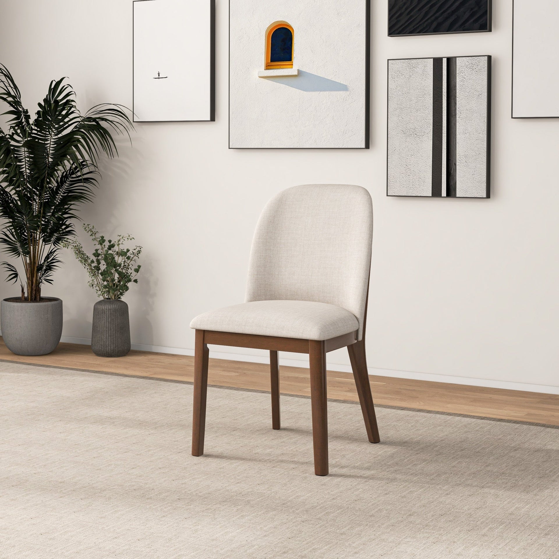 Mid-Century Modern Kaitlyn Beige Linen Dining Chair with Solid Wood Legs, 34.3"H x 19.3"W x 23"D Set of 2