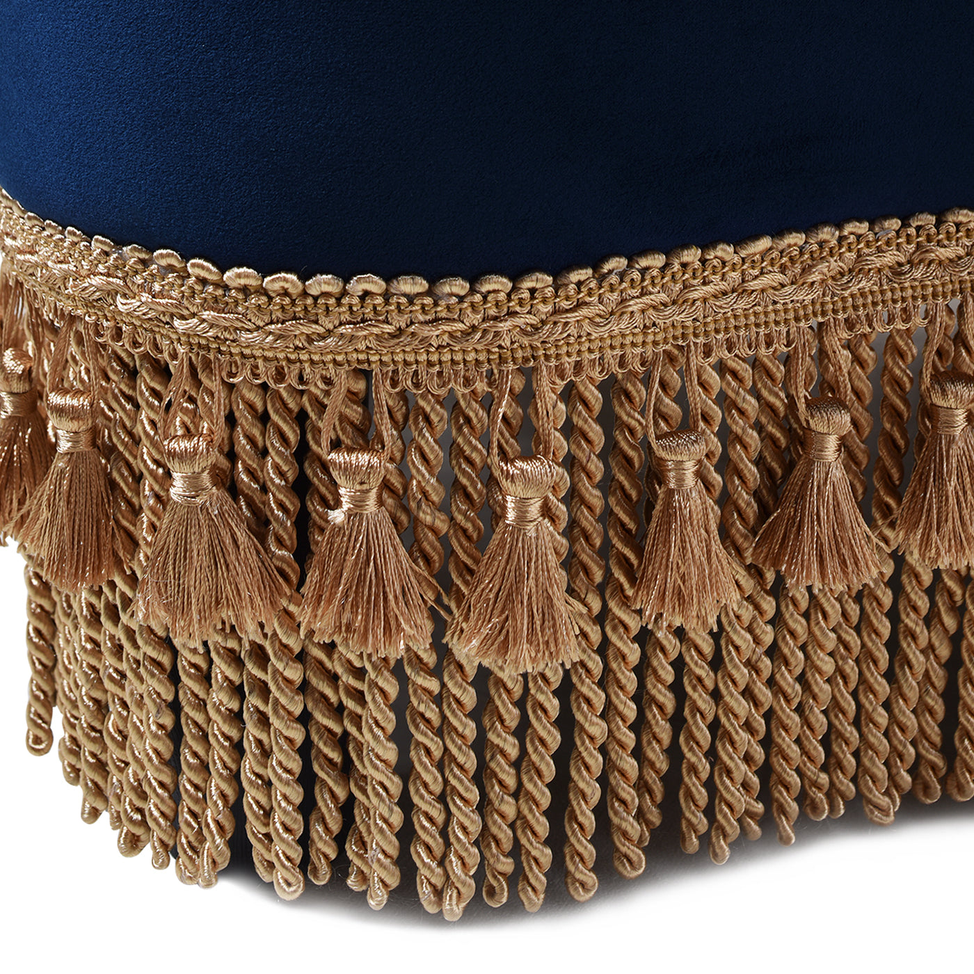 Ellen Upholstered Clover Ottoman with Gold Bullion Fringe, Navy Blue Velvet