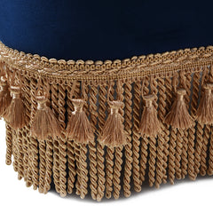 Ellen Upholstered Clover Ottoman with Gold Bullion Fringe, Navy Blue Velvet