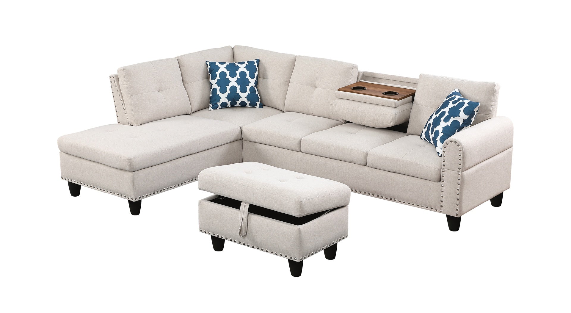 Storage Ottoman - Paired L - shaped Sofa in Beige