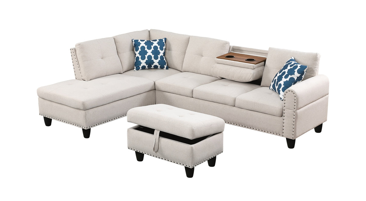 Storage Ottoman - Paired L - shaped Sofa in Beige
