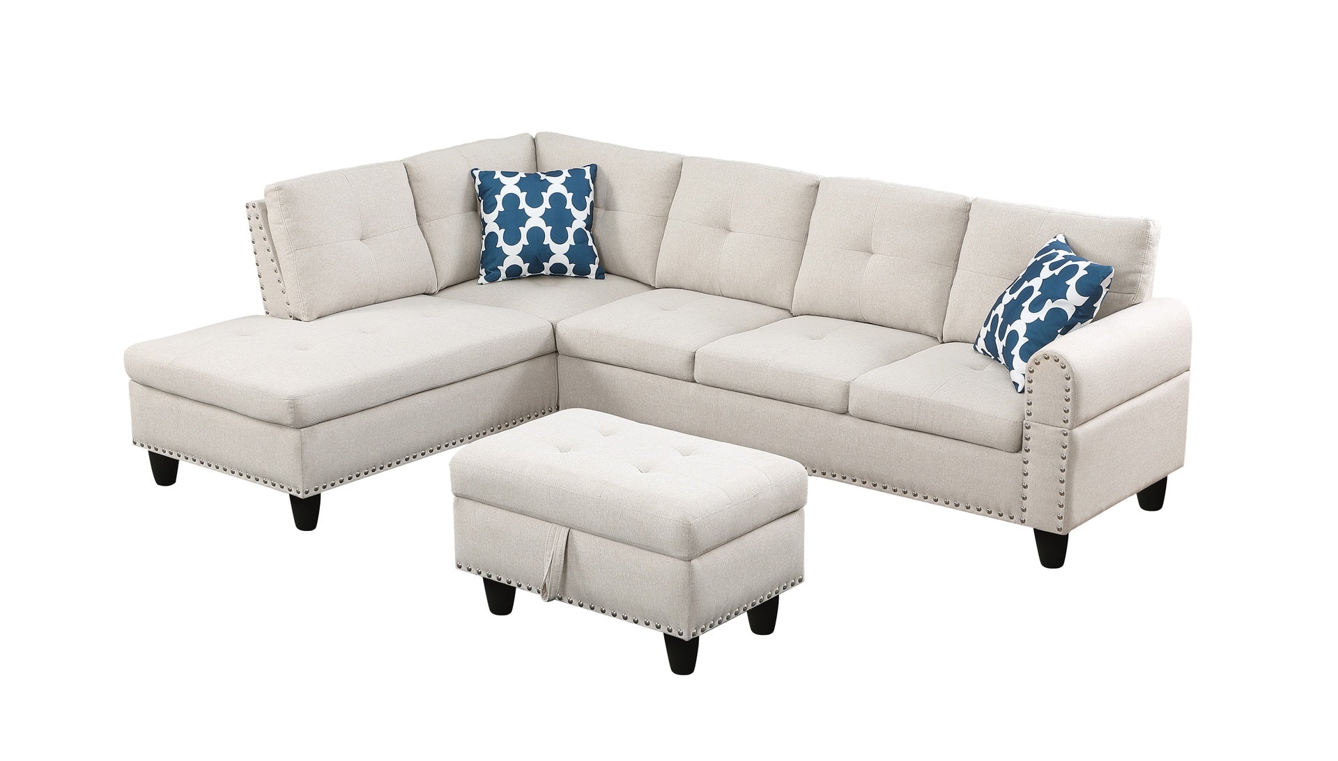 Storage Ottoman - Paired L - shaped Sofa in Beige