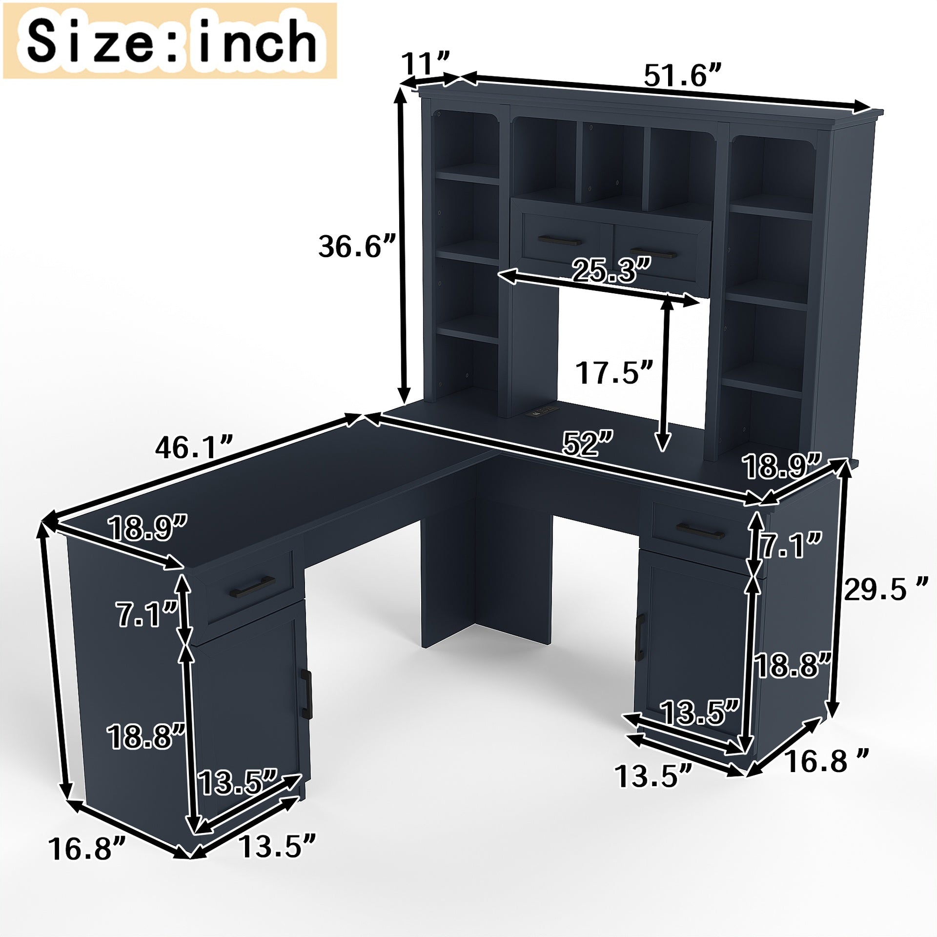 L-Shaped Computer Desk with 2 Cabinets and 2 Drawers, 11 Open Shelves and 1 Right Flip Shelf with Storage, with Power Outlet, for Study, Living Room and Office, Antique Blue