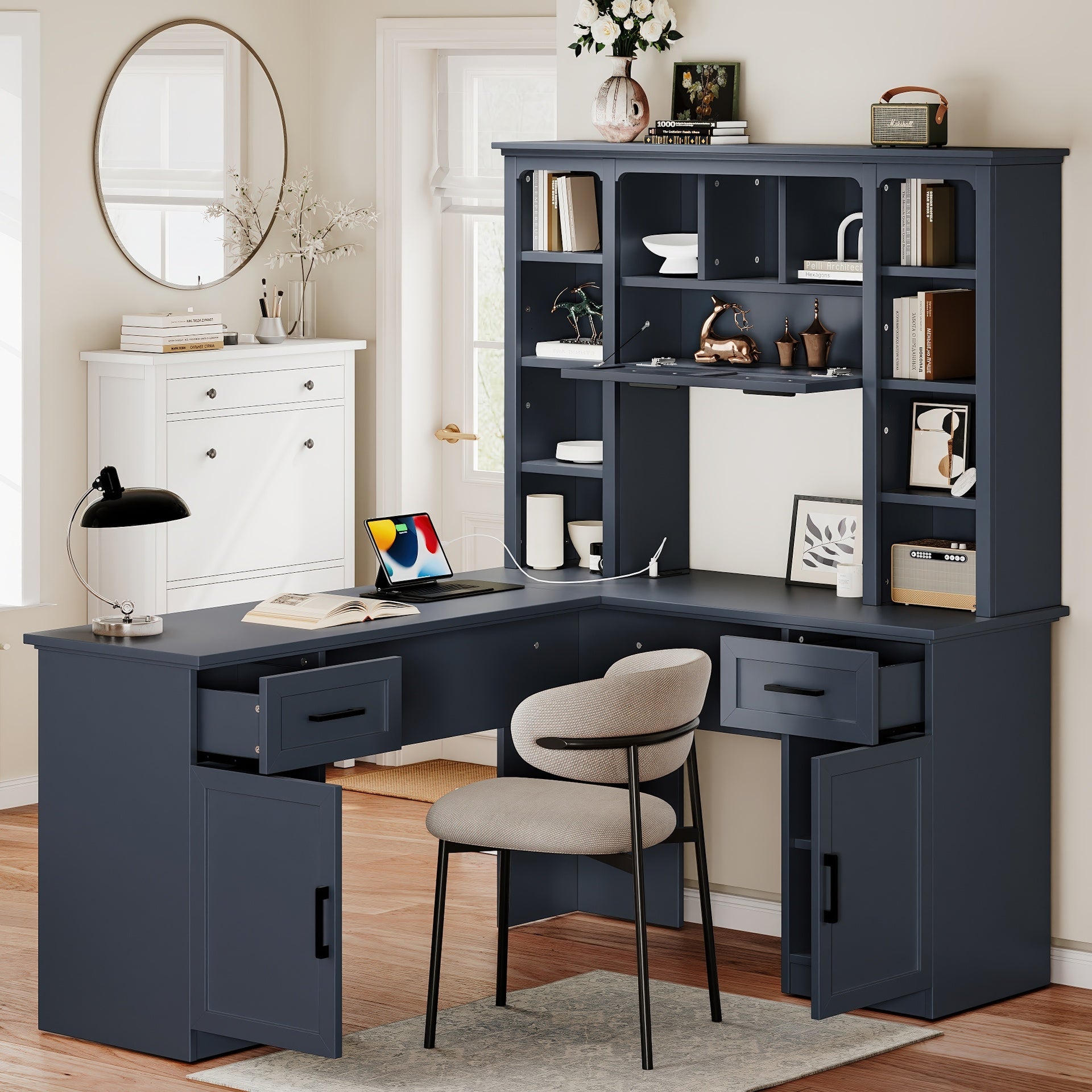 L-Shaped Computer Desk with 2 Cabinets and 2 Drawers, 11 Open Shelves and 1 Right Flip Shelf with Storage, with Power Outlet, for Study, Living Room and Office, Antique Blue