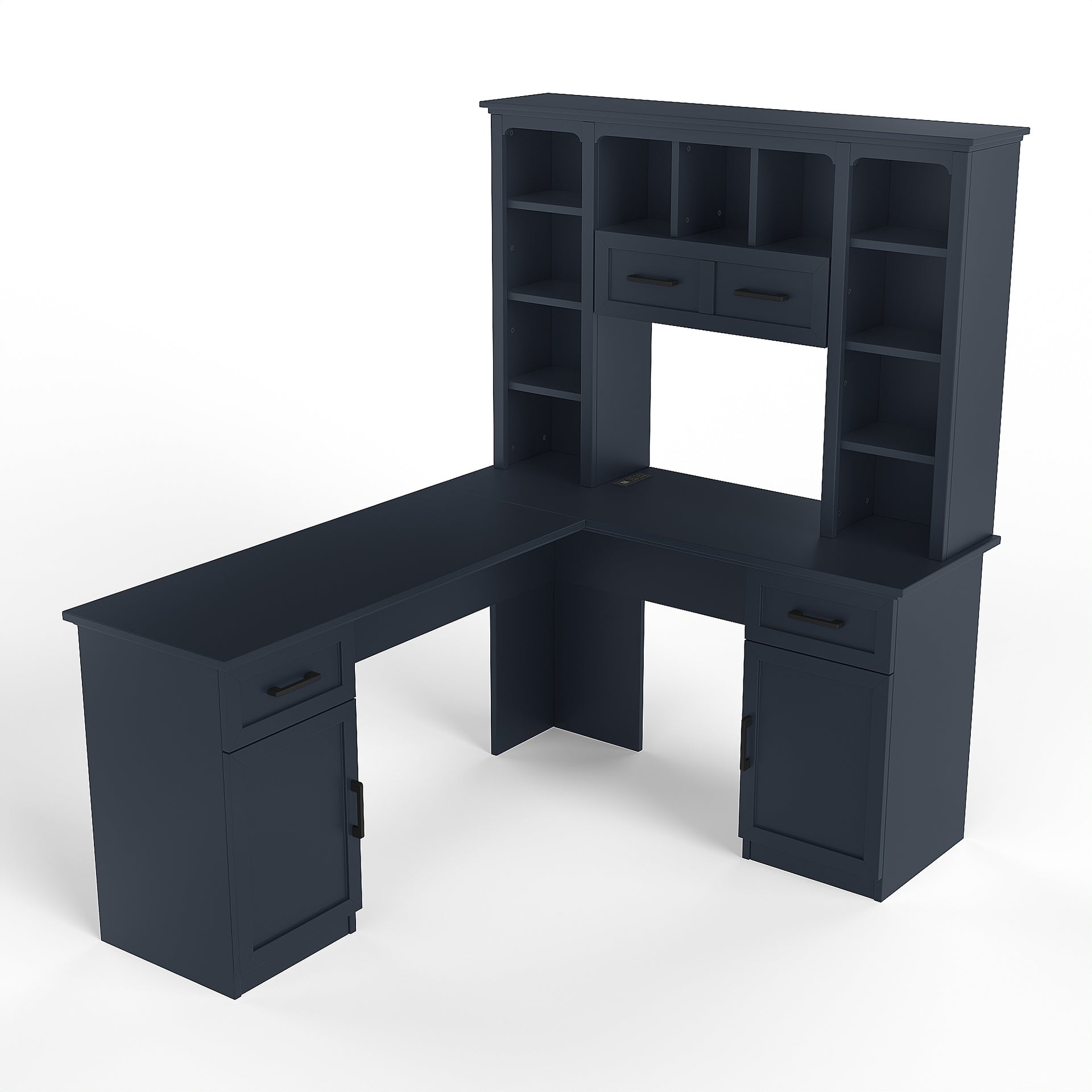 L-Shaped Computer Desk with 2 Cabinets and 2 Drawers, 11 Open Shelves and 1 Right Flip Shelf with Storage, with Power Outlet, for Study, Living Room and Office, Antique Blue