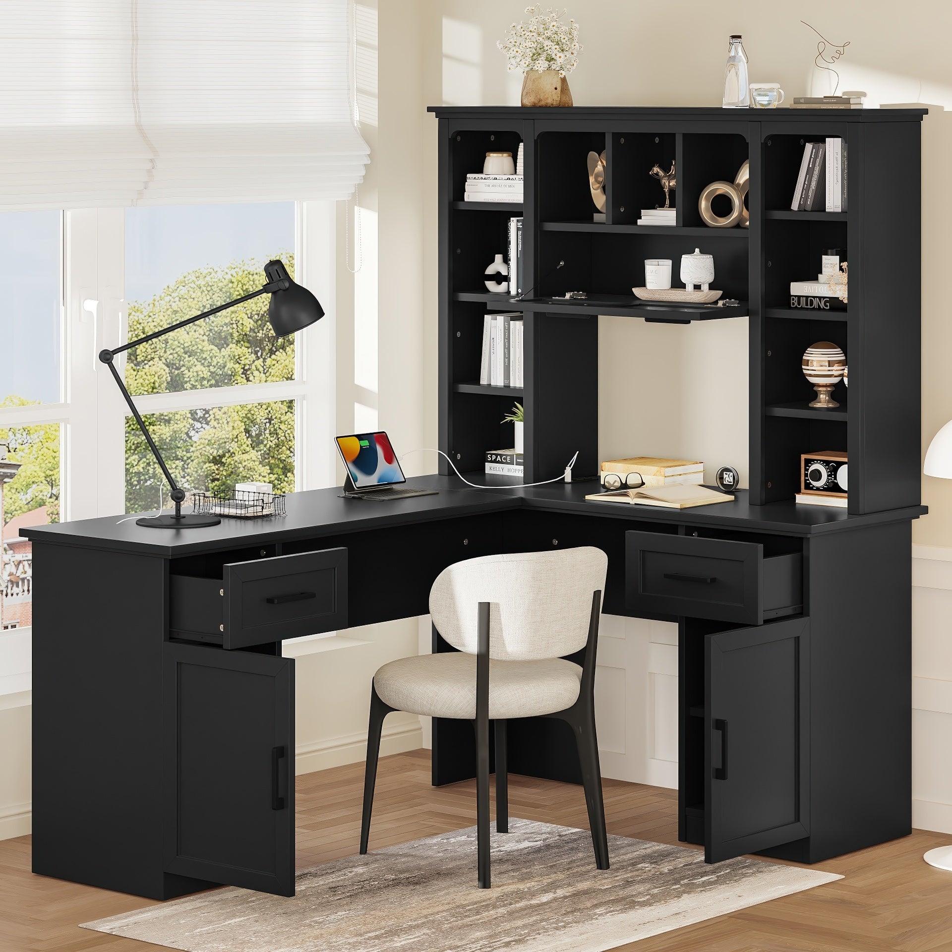 L-shaped computer desk with 2 cabinets and 2 drawers underneath the table, 11 open shelves and a flip-up shelf with storage on the right side, suitable for study, living room and office, Black