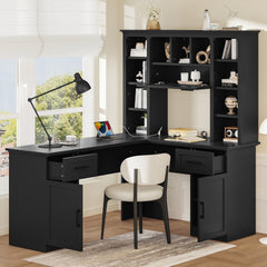 L-shaped computer desk with 2 cabinets and 2 drawers underneath the table, 11 open shelves and a flip-up shelf with storage on the right side, suitable for study, living room and office, Black