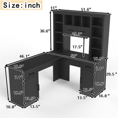 L-shaped computer desk with 2 cabinets and 2 drawers underneath the table, 11 open shelves and a flip-up shelf with storage on the right side, suitable for study, living room and office, Black